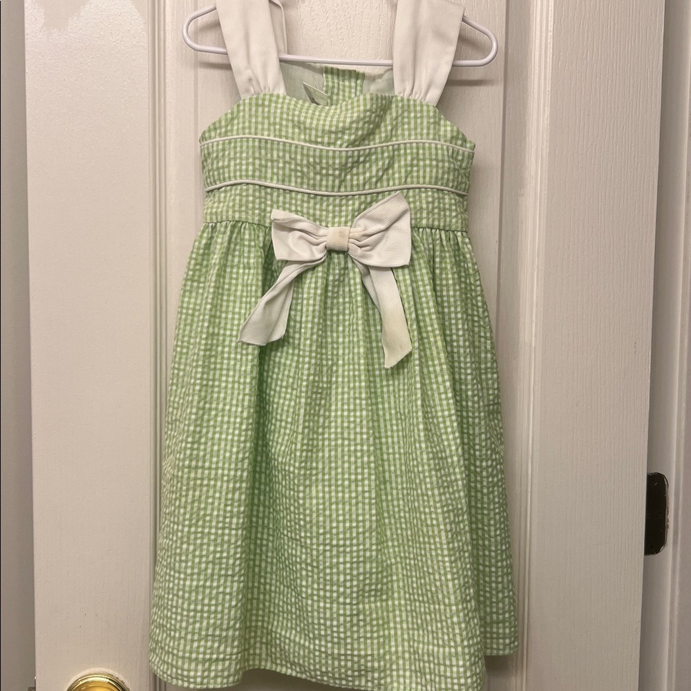 3/$10-Girls' Green Seersucker Dress with White Bow